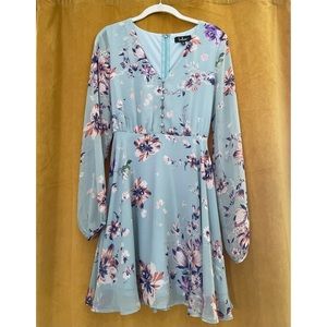 Lulu’s Always Yours Light Blue Floral Print Long Sleeve Skater Dress